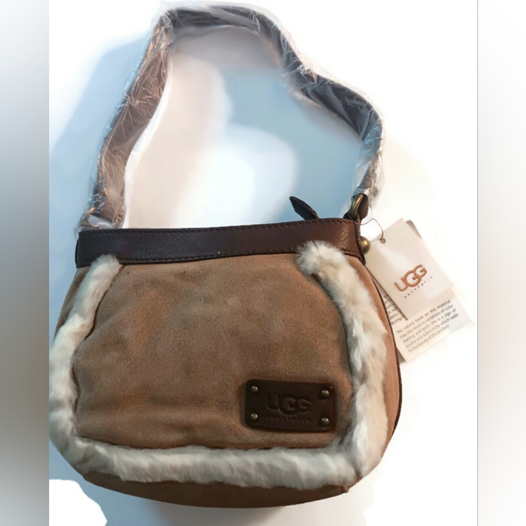 New Shearling Fur And Leather Shoulder Bag With Signature Ugg Lining,Chestnut